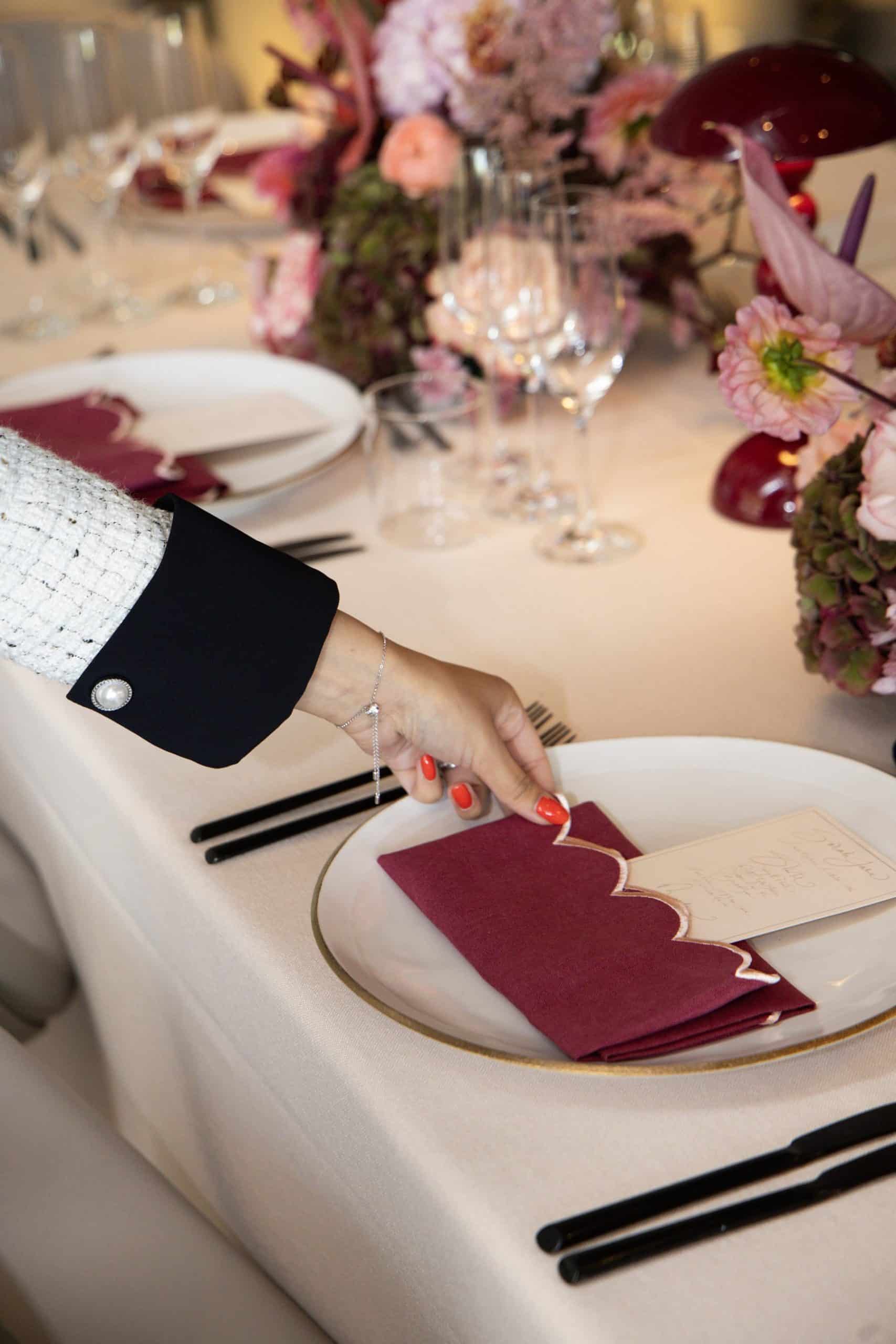 Burgundy scalloped napkin place setting CEO Mindset lunch